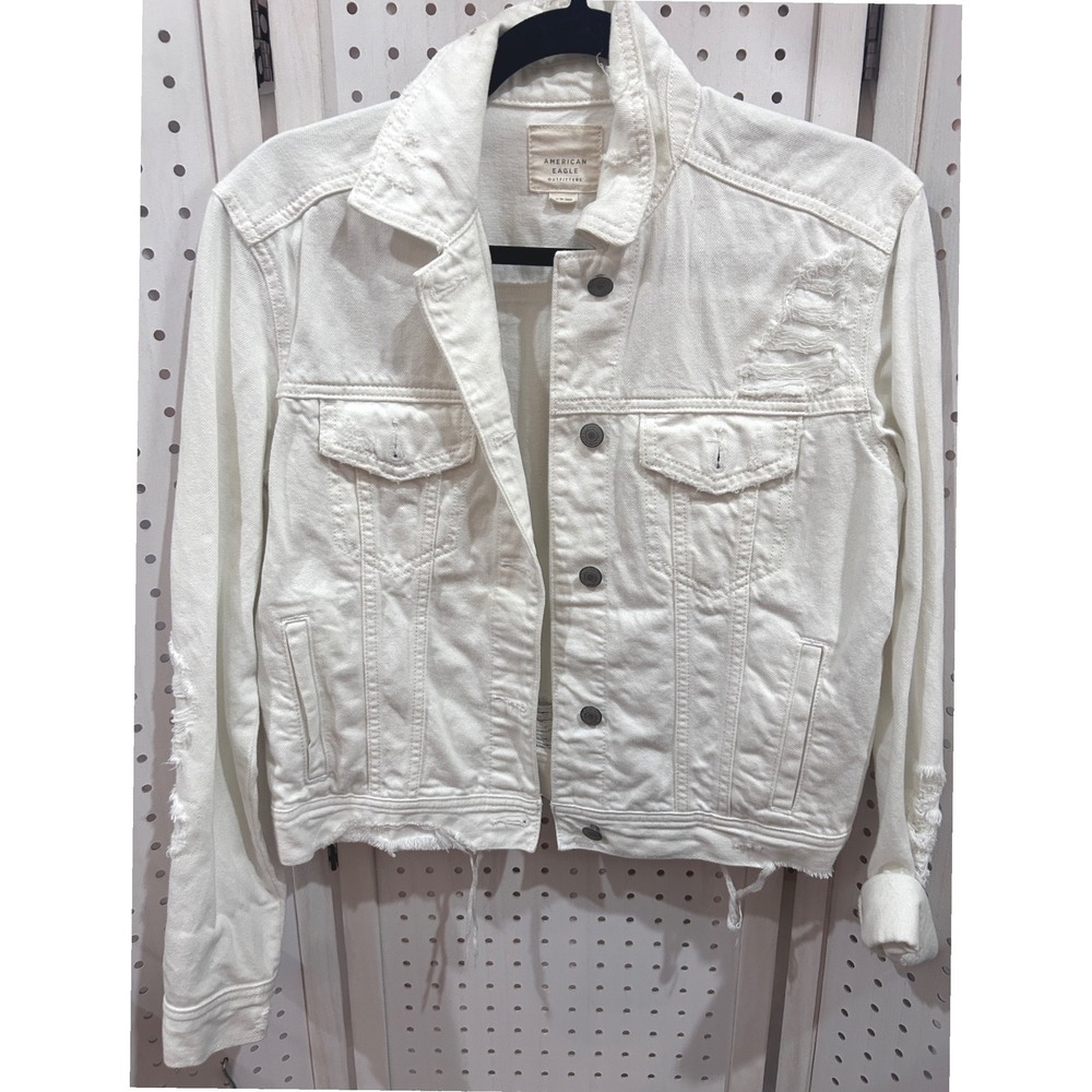 American Eagle Outfitters White Distressed Denim Jacket Women's XS